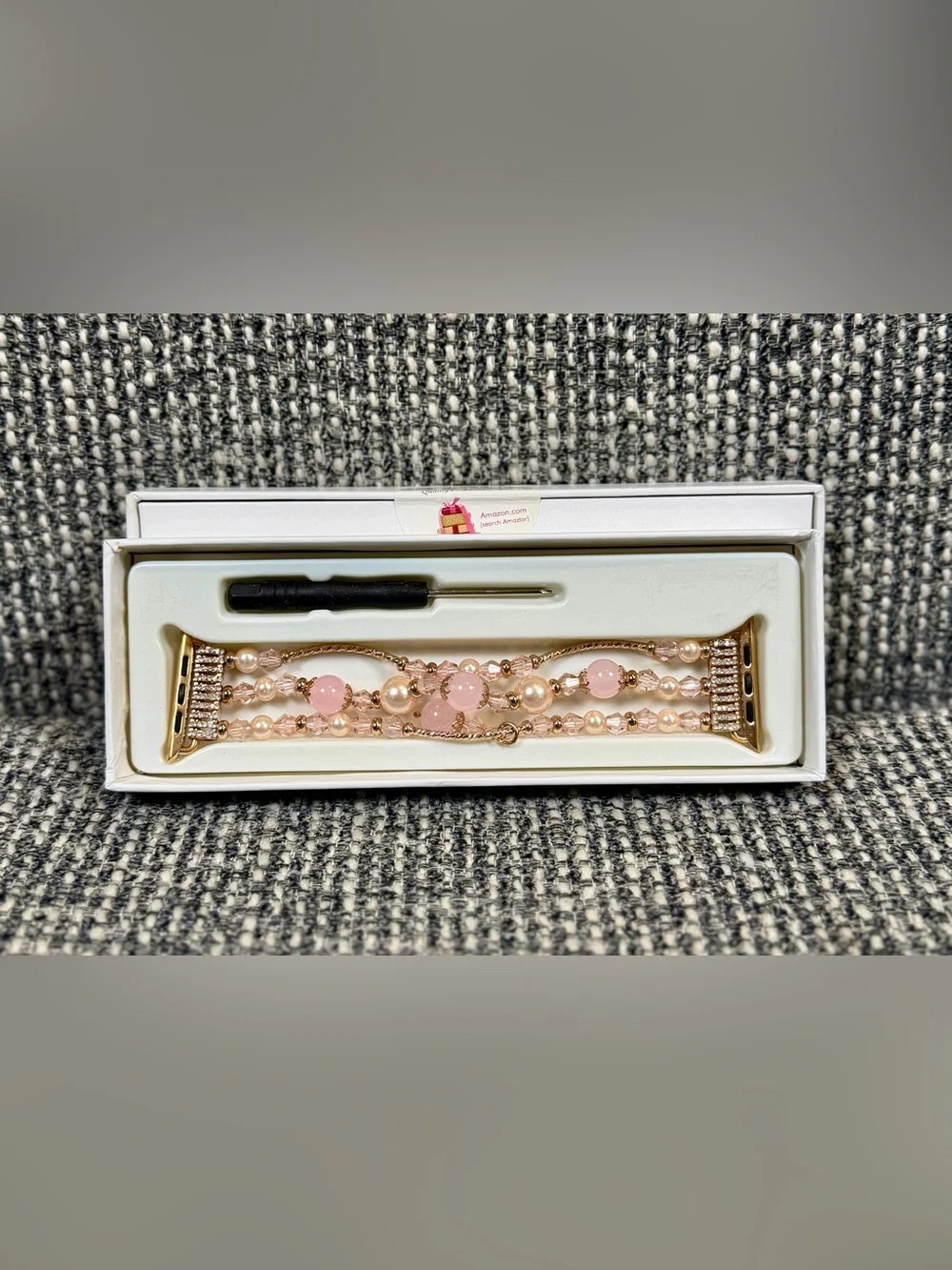 42mm Apple Watch Gold Bling Pink Pearl Crystal Stretch Beaded Bracelet Strap
